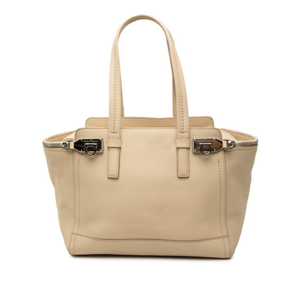 Salvatore Ferragamo Gancini Tote Bag Shoulder DY-21 D698 Beige Leather Women's